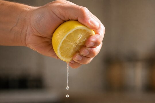 Hand Squeezing Fresh Lemon With Juice Frozen in High-Speed Photography