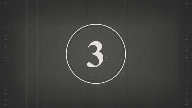 Vintage film leader countdown with scratches, grain and dust, cinematic black and white style, concept for video production, movie intro and cinema