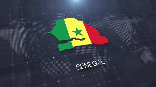 Senegal map with national flag on digital world map background, geographic border, global political and international news concept