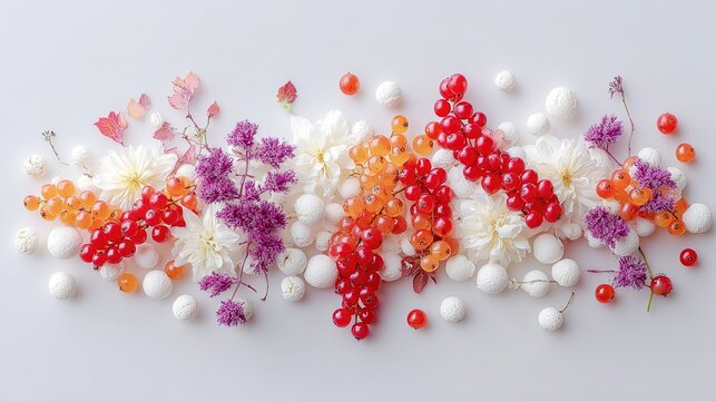 Red currants white dahlias and purple astilbe flowers arranged horizontally