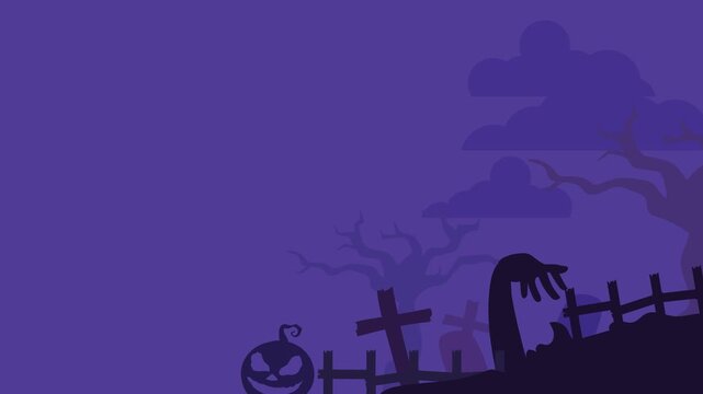 Halloween Background Silhouette with Zombie Hand, Graveyard, Pumpkin and Dead Tree