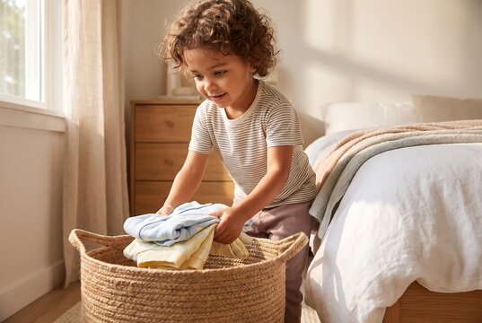 Child Folding Laundry And Learning Independent Household Skills