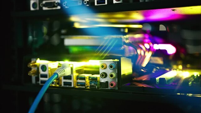 Close up shot of computer motherboard with an ethernet cable plugged in as colorful lights flash across the different ports and components.