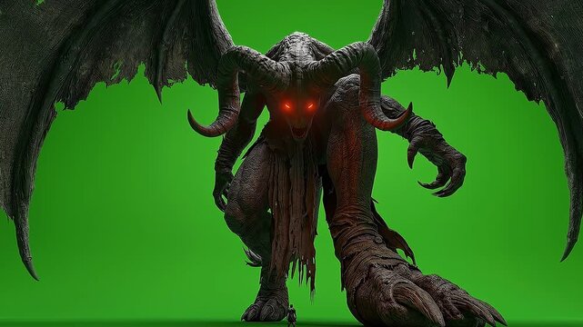 Towering Demon with Igniting Glowing Eyes on Green Screen.