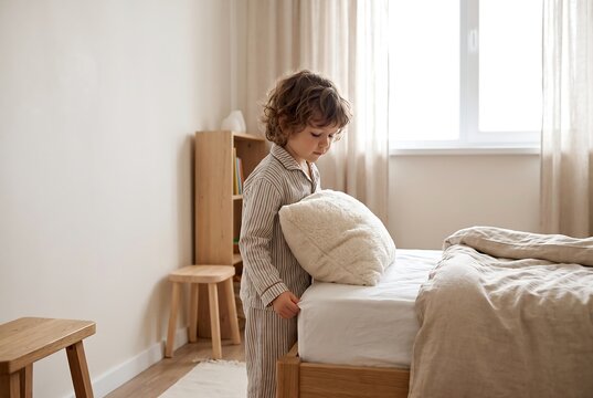 Young Child Making Bed And Practicing Self Care Skills