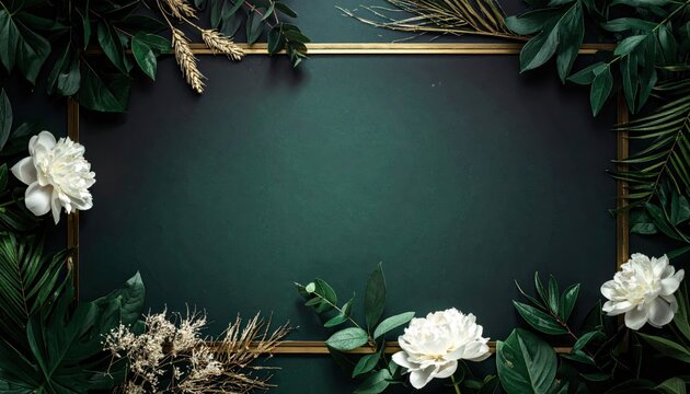 Dark Botanical Luxury Frame Border with White Roses and Golden Accents on Emerald Green