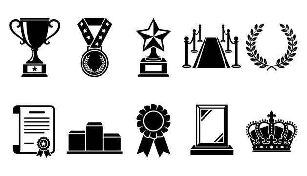 Awards and Achievements Icon Set Featuring Trophy Cup, Winners Medal, Star Award, Red Carpet Stanchions, Laurel Wreath, Certificate, Podium, Ribbon, Plaque, and Royal Crown Symbols