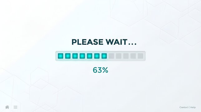 Loading progress bar at 63 percent on digital screen with please wait message