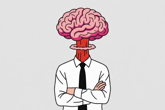 Conceptual Illustration of a Businessman with an Exploding Brain Mushroom Cloud Representing Stress and Creativity