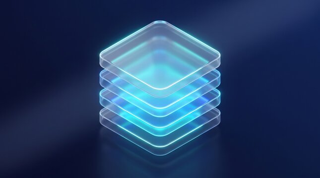 Futuristic glowing data layers, isometric glass square stack, blue neon digital infrastructure concept for cloud storage