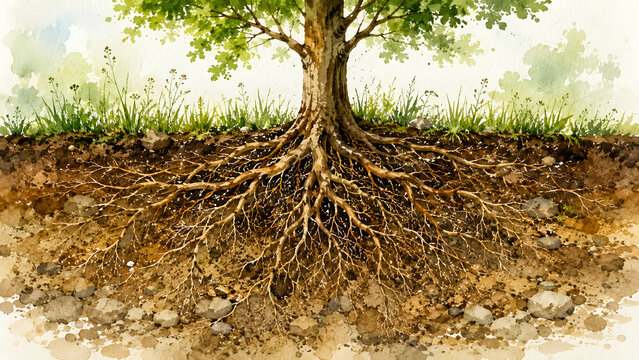 Detailed illustration of a tree with roots and soil layers  
