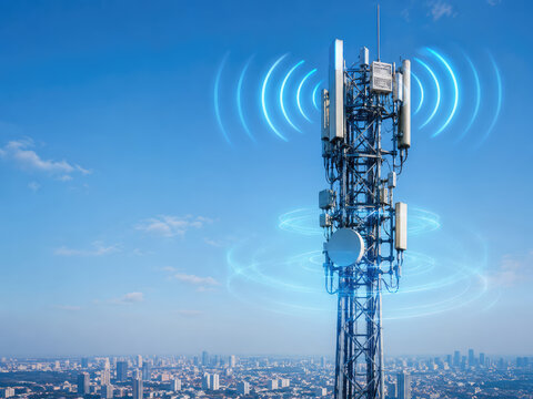 5G Mobile Network Tower with Wireless Signal Over Modern City