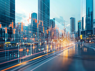 Naklejka premium Futuristic cityscape with financial data overlay and light trails