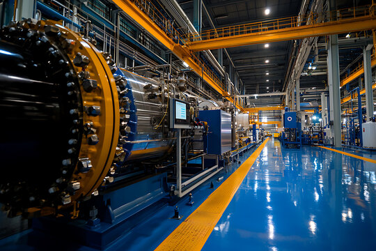 Inside a modern industrial manufacturing plant with advanced machinery and clean floors