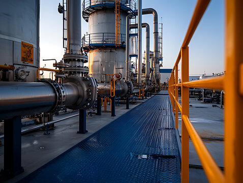 Industrial complex with large pipes and walkways under a clear sky