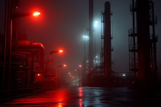 Industrial refinery at night with red and blue lights illuminating the fog