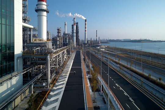 Modern industrial complex with towering structures and smoke plumes against a clear sky
