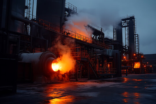 Industrial plant with glowing furnace and steam at dusk