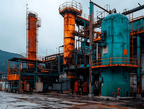 Industrial complex with large tanks and pipes under a cloudy sky