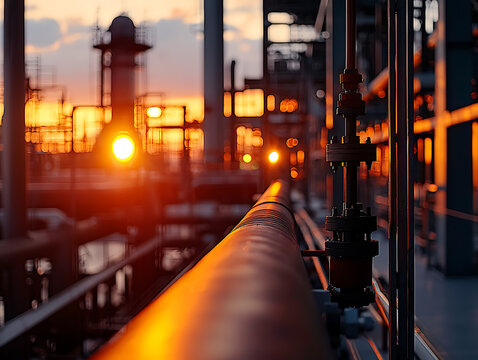 Industrial refinery at sunset with glowing orange lights and pipes