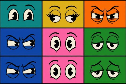 Collection of Cartoon Eye Expressions in Colorful Pop Art Grid Style for Creative Design Projects
