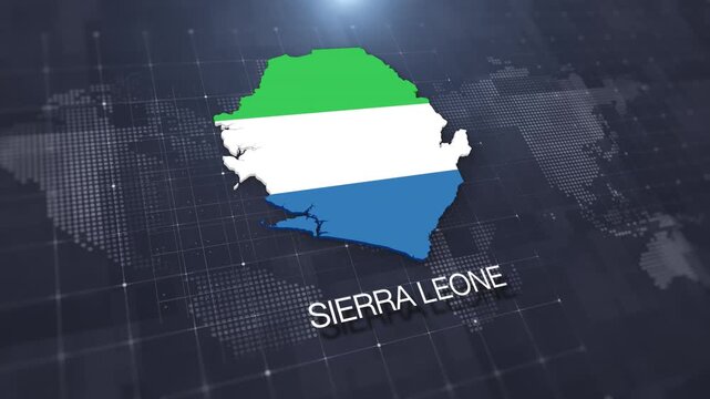 Sierra Leone map with national flag on digital world map background, geographic border, global political and international news concept
