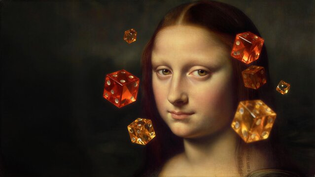 Mona Lisa surrounded by glowing orange dice, surreal and mysterious.