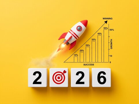 Business Growth Concept for Year 2026 with Rocket Launch, Target Icon, and Rising Financial Success Bar Chart on Yellow Background