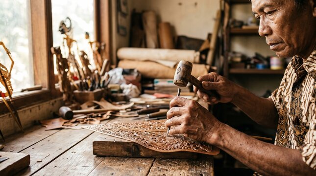 Artisan Carving Wayang Kulit Leather Puppet with Traditional Tools. Handcrafted Indonesian Shadow Puppetry Design, Cultural Craft