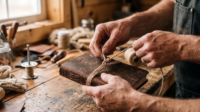 Craftsman Hands Wrapping Leather Journal with Twine on Wooden Workbench. Handmade Bookbinding, Artisan Tools, Rustic Workshop, Tra