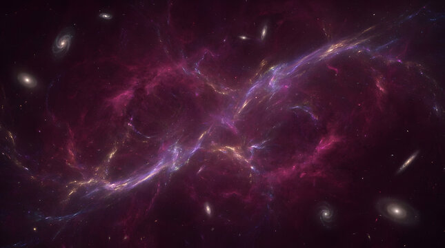Deep space cosmic purple nebula with distant galaxies and glowing starfield