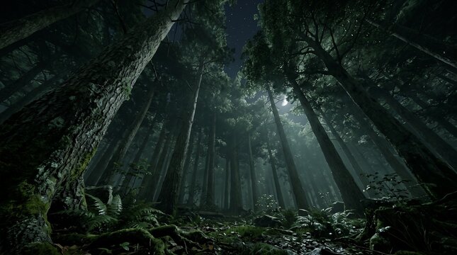 Moonlight Filtering Through Tall Forest Trees with Misty Atmosphere. Night Forest Scene with Glowing Light Beams and Dark Green Fo