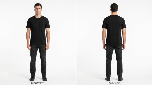 Young man wearing a blank black t-shirt and black jeans showing front and back view for fashion apparel design mockup