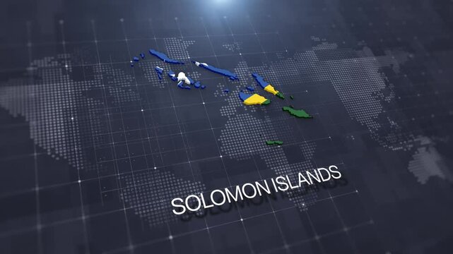 Solomon Islands map with national flag on digital world map background, geographic border, global political and international news concept