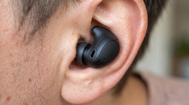 Black Wireless Earbud in Human Ear with Ergonomic Fit. Wireless Audio Device, Modern Tech Accessory, Close-Up Detail
