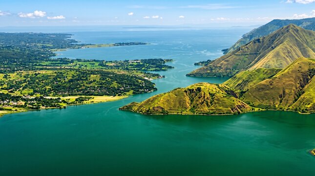 Aerial View of Lake Toba Volcanic Crater Lake with Lush Green Hills and Samosir Island Landscape in North Sumatra Indonesia