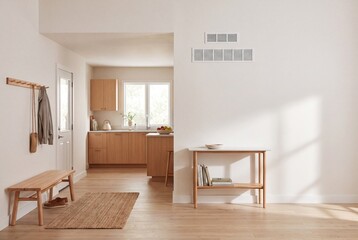 Fototapeta premium Bright Open Concept Residential Hallway And Cooking Area With Timber Furnishings