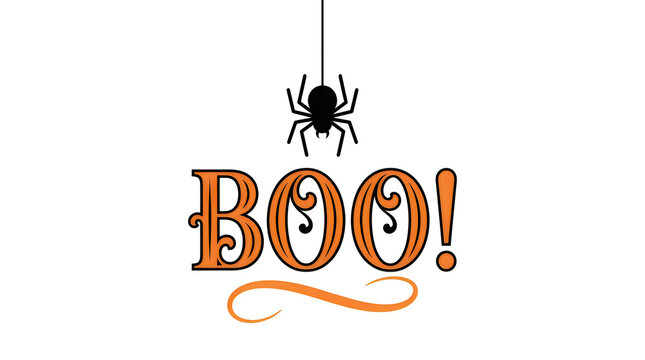 Halloween spider dangling above bold orange boo text on a clean white background design