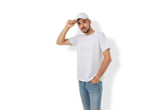 Young man poses in a white shirt and cap for a mockup, PNG