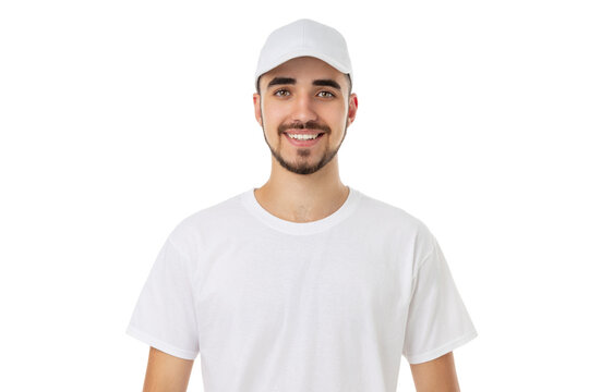 Man stands in plain shirt and cap with a smile, PNG