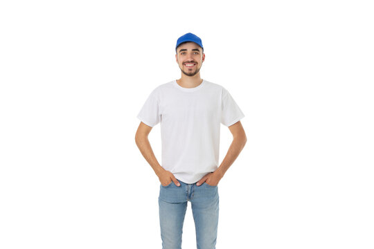Young man stands with hands in pockets wearing t-shirt, PNG