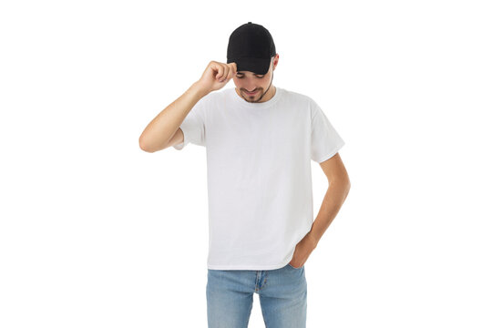 Young man poses in a blank t-shirt and cap, PNG