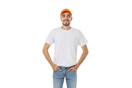 Man poses in a casual t-shirt and cap, smiling, PNG