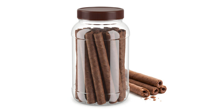 Chocolate wafer rolls inside a transparent jar with a brown lid for product mockups, food advertisements, and packaging design.