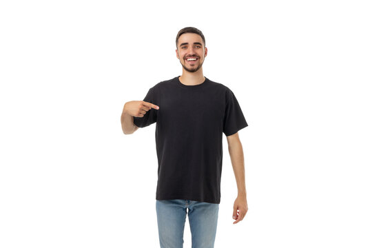 A man points at a t-shirt with a smile, PNG