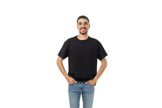 Man in dark tee and blue jeans stands tall, PNG
