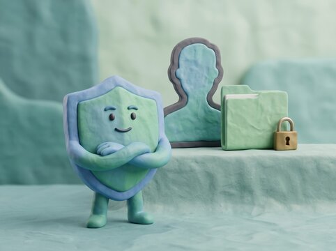 3d character claymorphism concept. Cartoon shield character protecting user data with folder and padlock.
