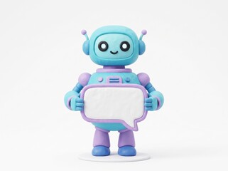 Naklejka premium 3d character claymorphism concept. Cute blue and purple cartoon robot holding a blank speech bubble sign