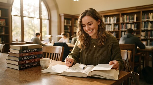 Young Woman Reading a Book in a Cozy Cafe, Relaxed Student Studying and Enjoying a Quiet Moment with Books and Laptop at Table