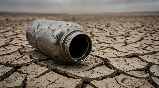 Empty scratched metal water bottle lying on parched cracked desert earth illustrating extreme drought dehydration and global water scarcity
